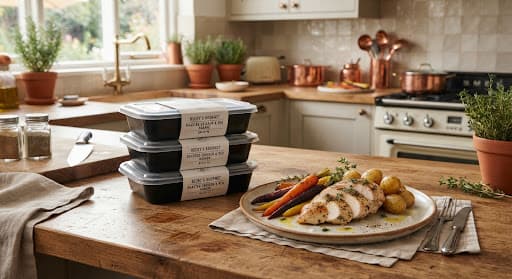 Stacked labeled meal containers next to a plated roasted chicken dinner