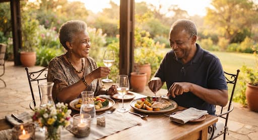 A retired couple enjoying a relaxed dinner together on their veranda